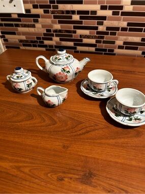 Vintage Child Size Hand-Painted Floral Tea Set - White with Pink w Green Accents